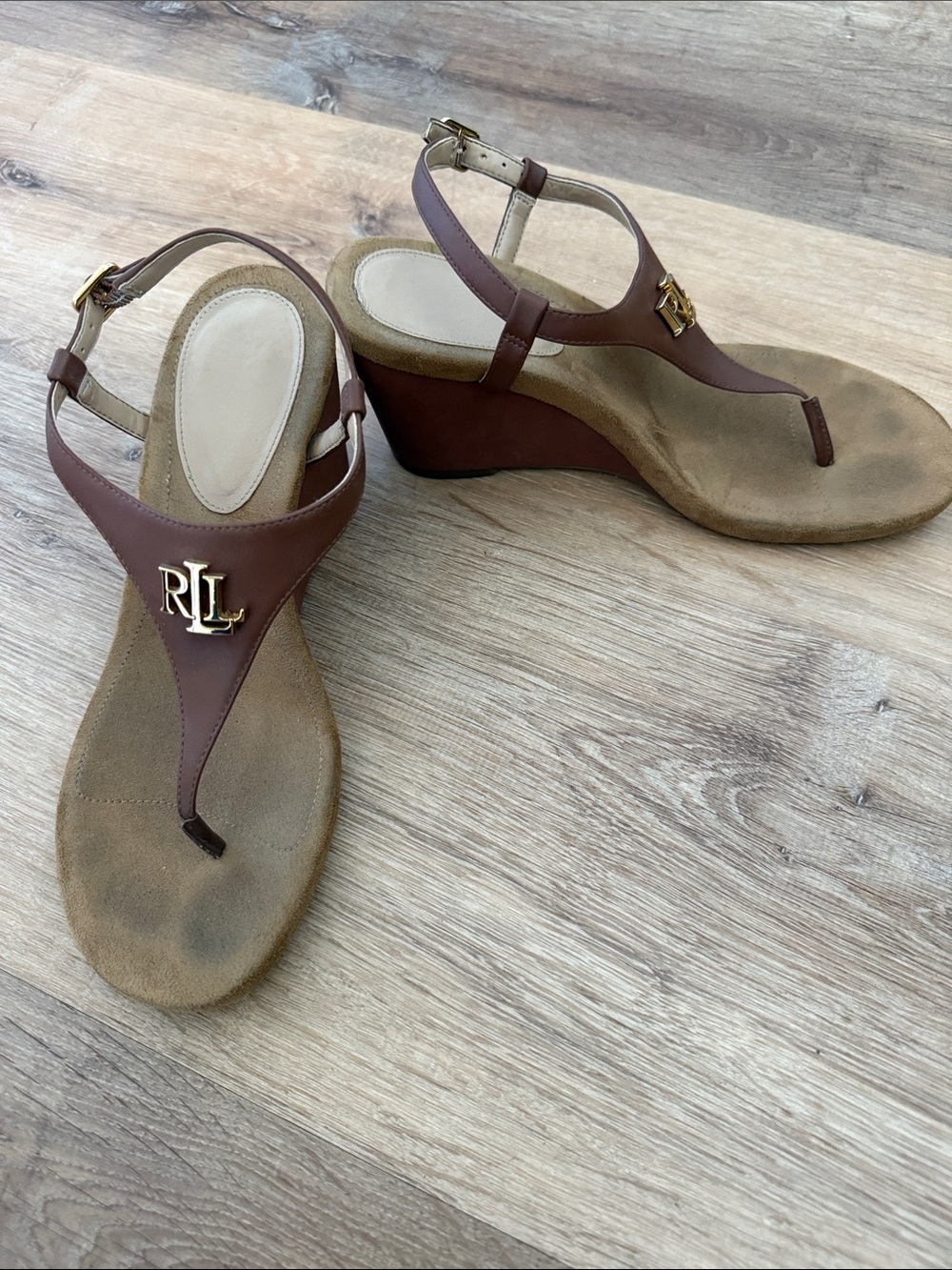 Ralph Lauren Brown Leather Wedge Thong Sandals with Gold RLL Emblem